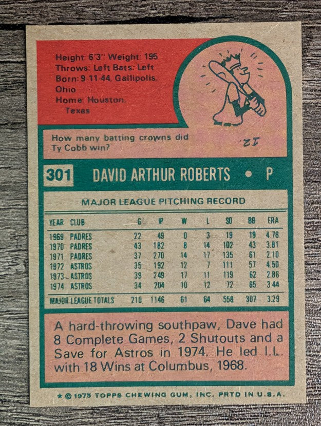 1975 Topps Mini #301 Dave Roberts (NMMT)
