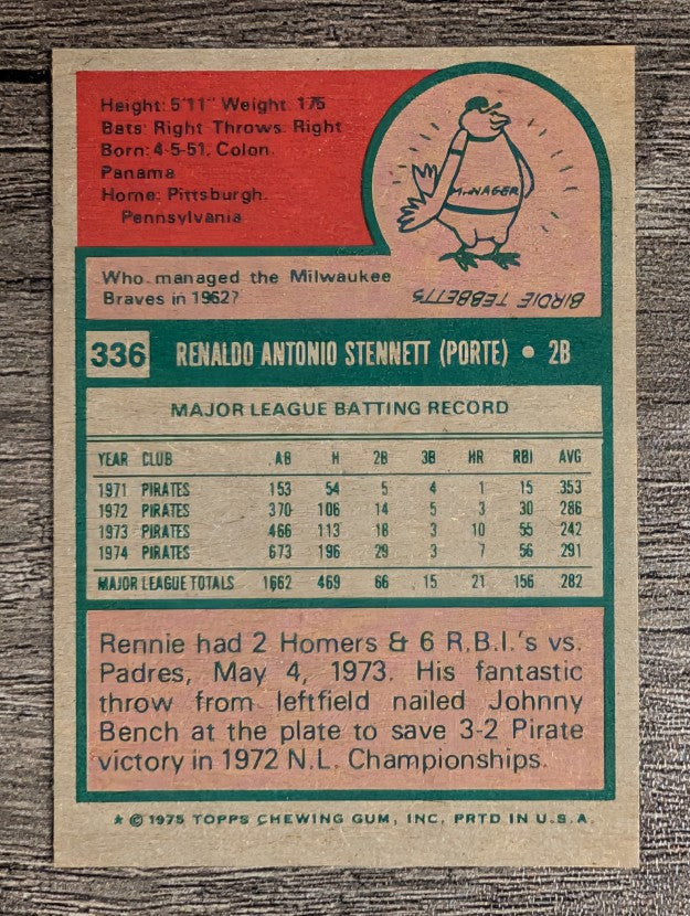 1975 Topps Mini #336 Rennie Stennett (NMMT)