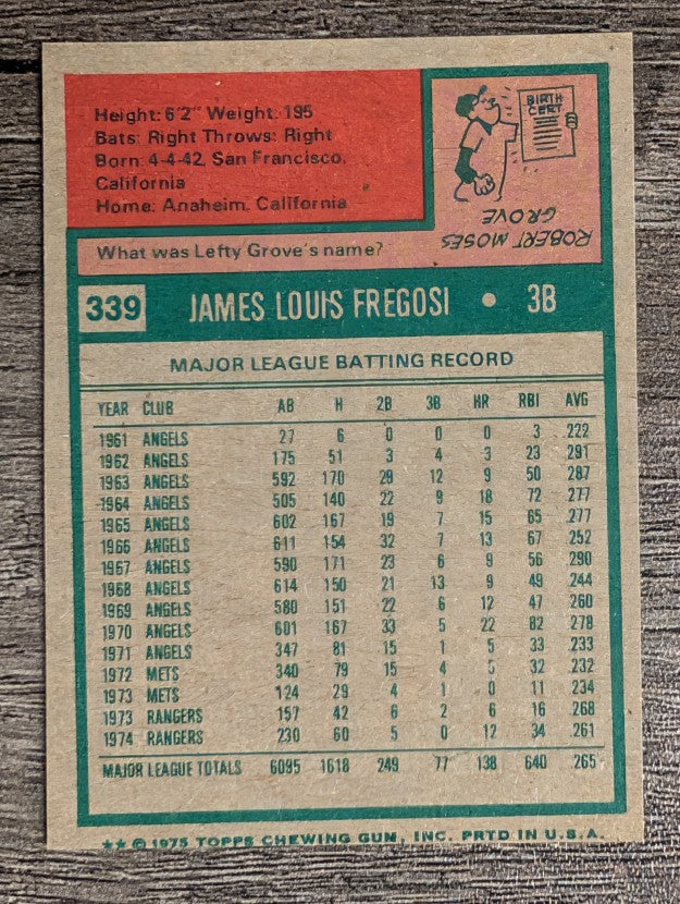 1975 Topps Mini #339 Jim Fregosi (FACTORY SHORT)