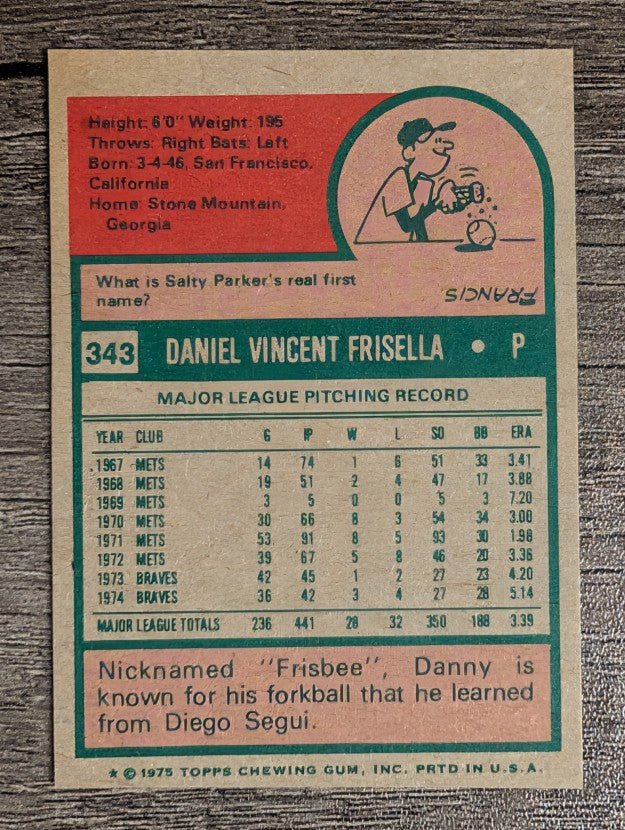 1975 Topps Mini #343 Danny Frisella (EX)