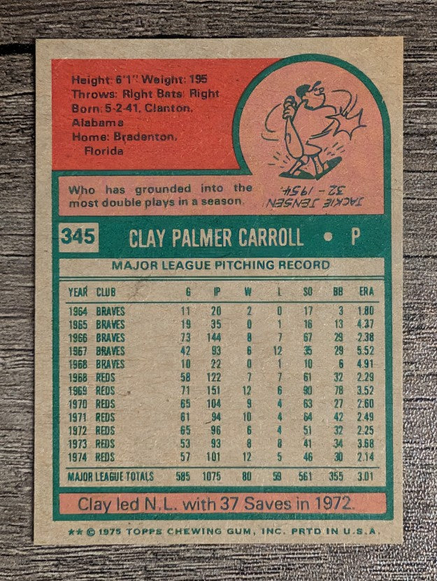 1975 Topps Mini #345 Clay Carroll (FACTORY SHORT)