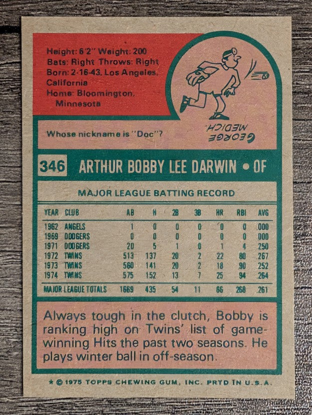 1975 Topps Mini #346 Bobby Darwin (NM)