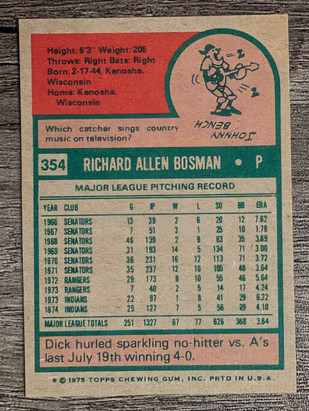 1975 Topps Mini #354 Dick Bosman (NMMT)
