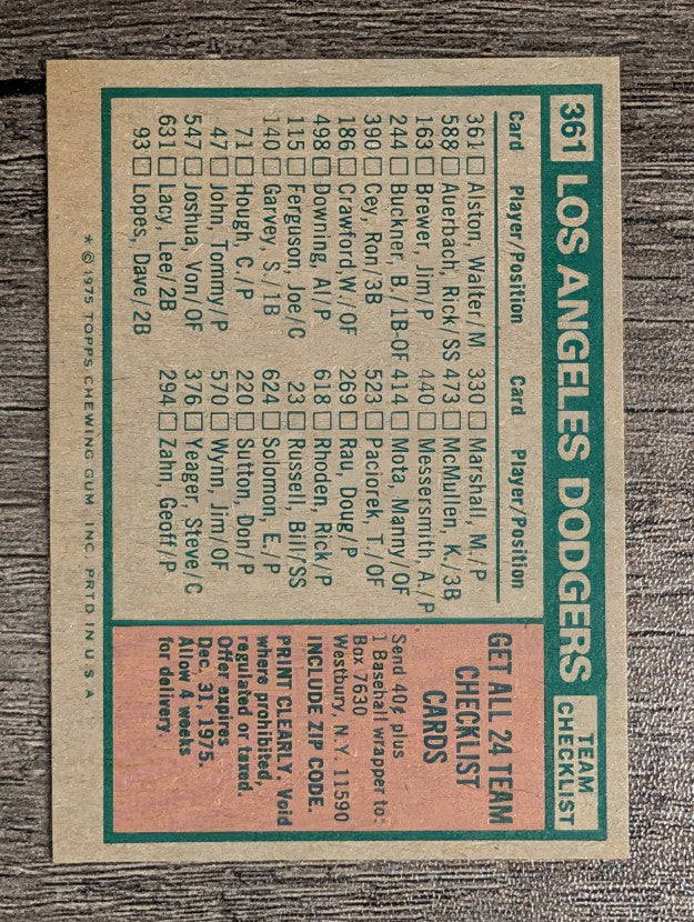 1975 Topps Mini #361 Los Angeles Dodgers CL/Walter Alston MG (NM)