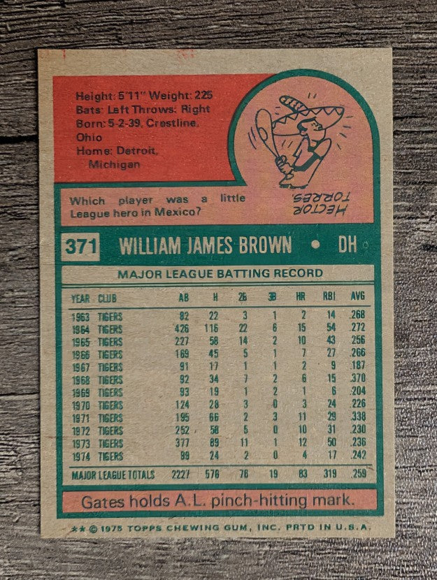 1975 Topps Mini #371 Gates Brown (FACTORY SHORT)