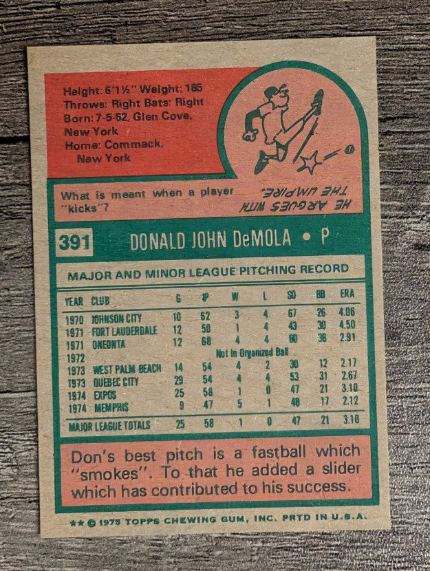 1975 Topps Mini #391 Don DeMola RC (NMMT)