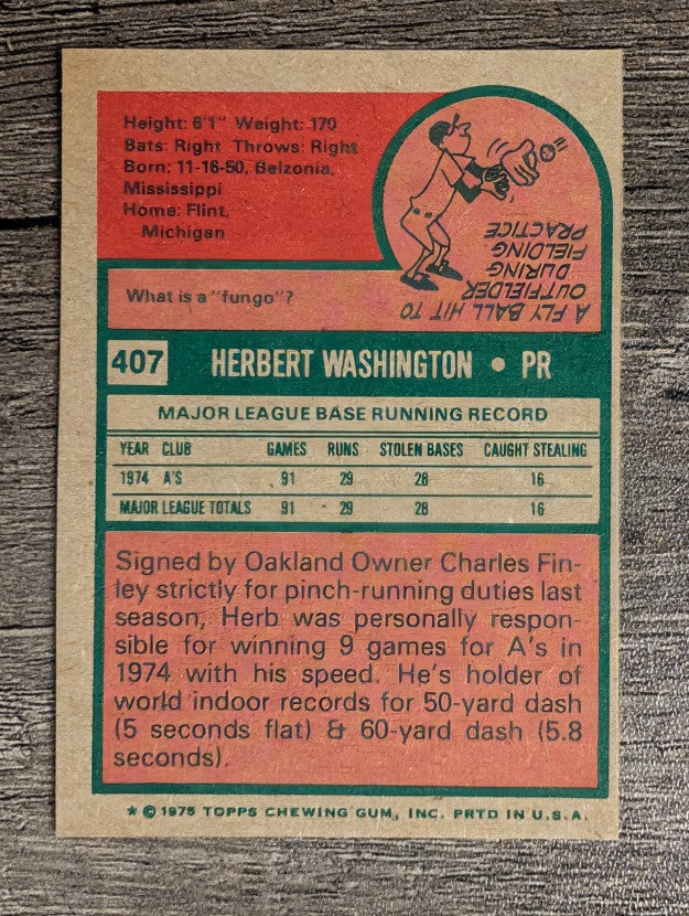 1975 Topps Mini #407 Herb Washington RC (EXMT)