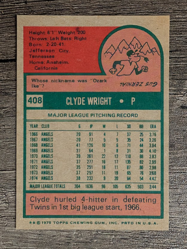 1975 Topps Mini #408 Clyde Wright (EXMT)