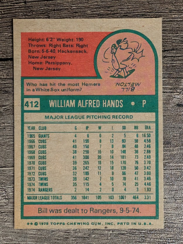 1975 Topps Mini #412 Bill Hands (NM)
