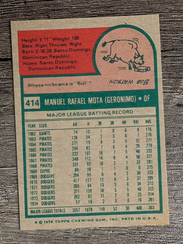 1975 Topps Mini #414 Manny Mota (EXMT)