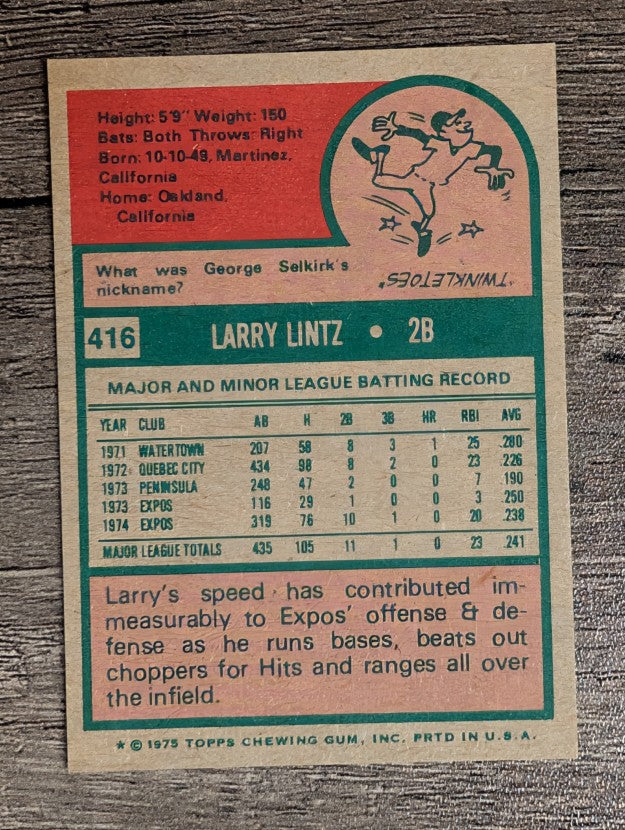 1975 Topps Mini #416 Larry Lintz (NMMT)