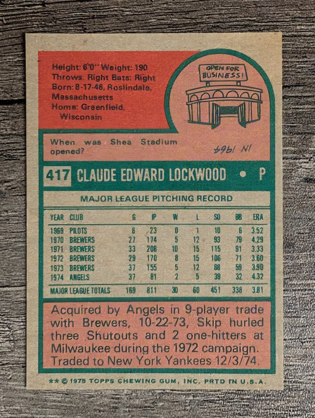 1975 Topps Mini #417 Skip Lockwood (EXMT)
