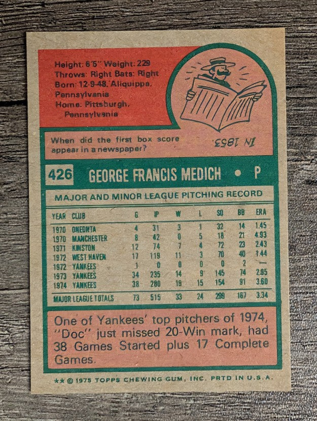 1975 Topps Mini #426 George Medich (NMMT)