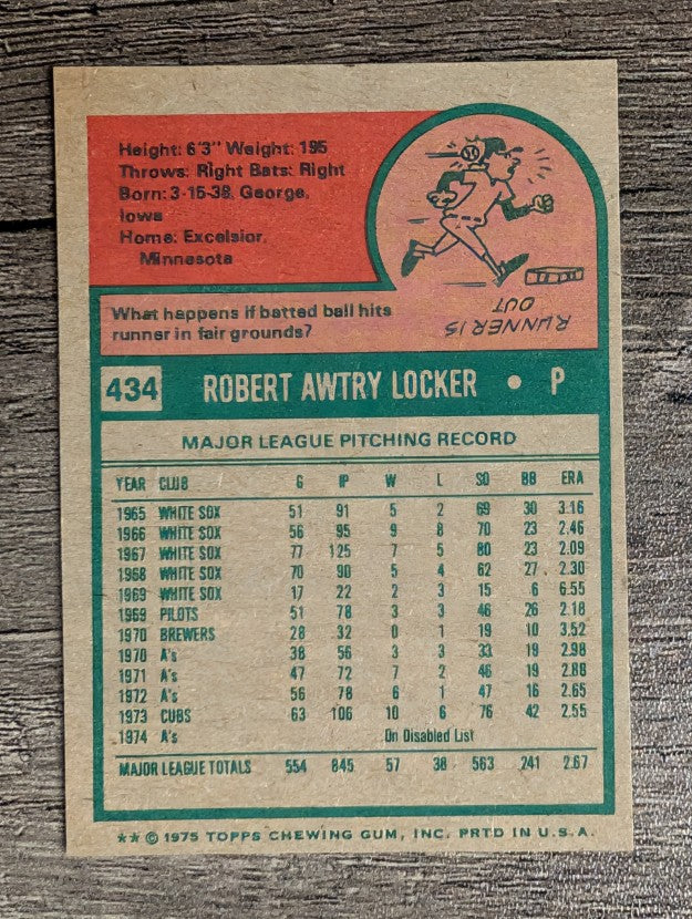 1975 Topps Mini #434 Bob Locker (EXMT)