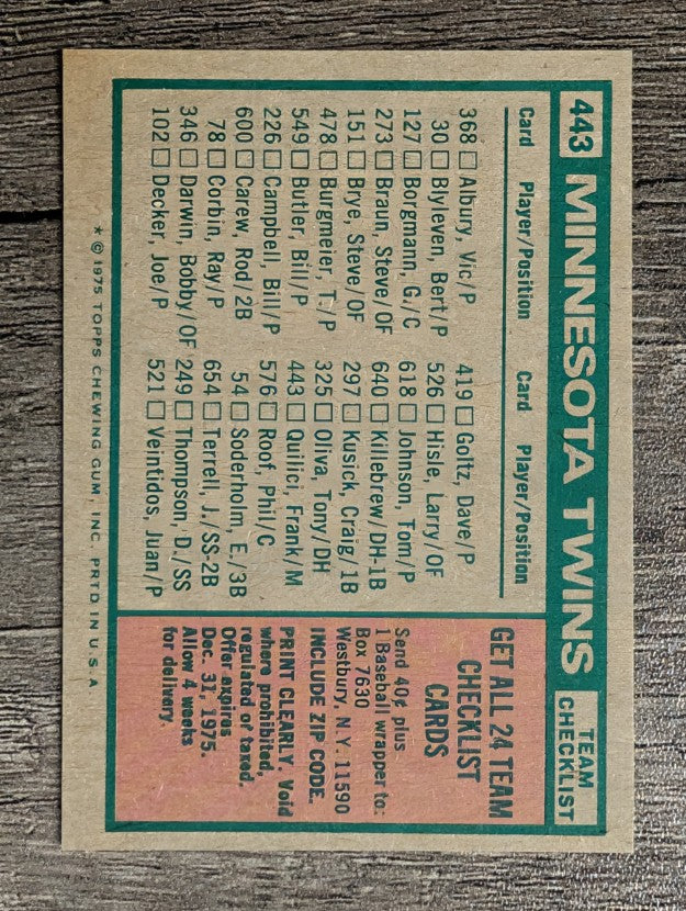 1975 Topps Mini #443 Minnesota Twins CL/Frank Quilici MG (NMMT)