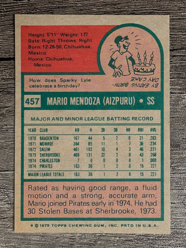 1975 Topps Mini #457 Mario Mendoza RC (EXMT)