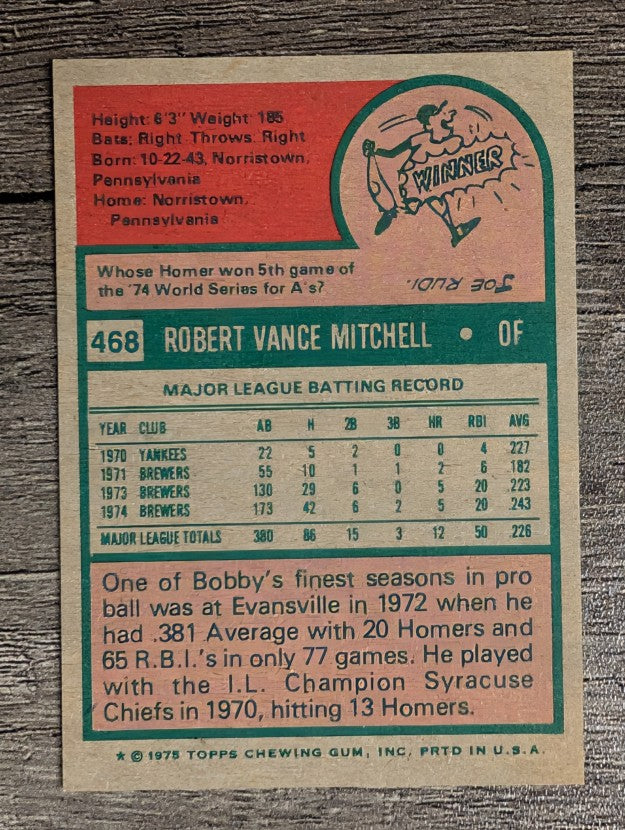 1975 Topps Mini #468 Bobby Mitchell (NMMT)