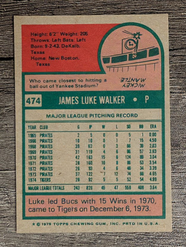 1975 Topps Mini #474 Luke Walker (NMMT)