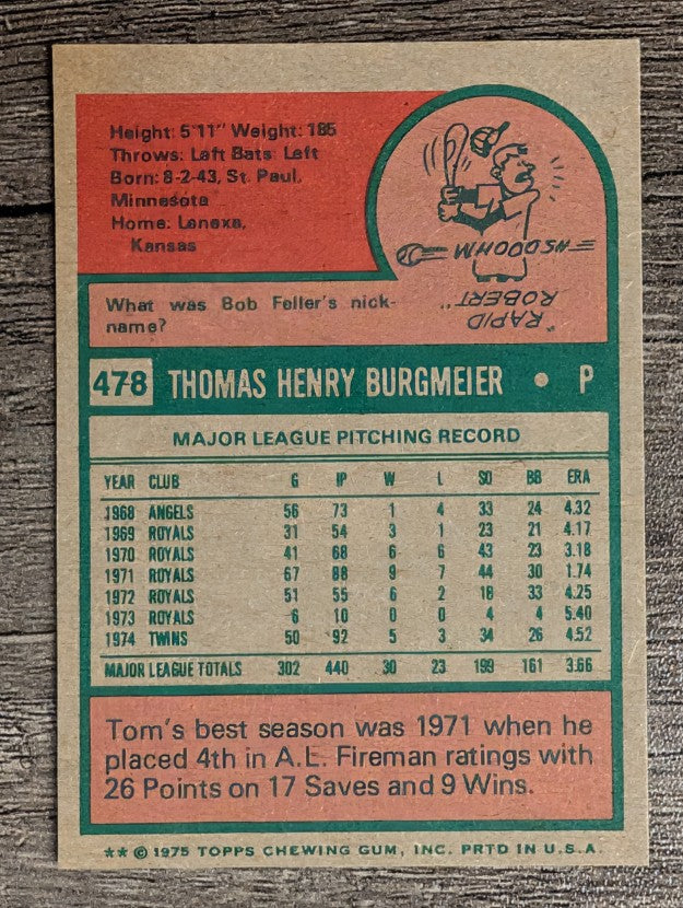 1975 Topps Mini #478 Tom Burgmeier (NM)
