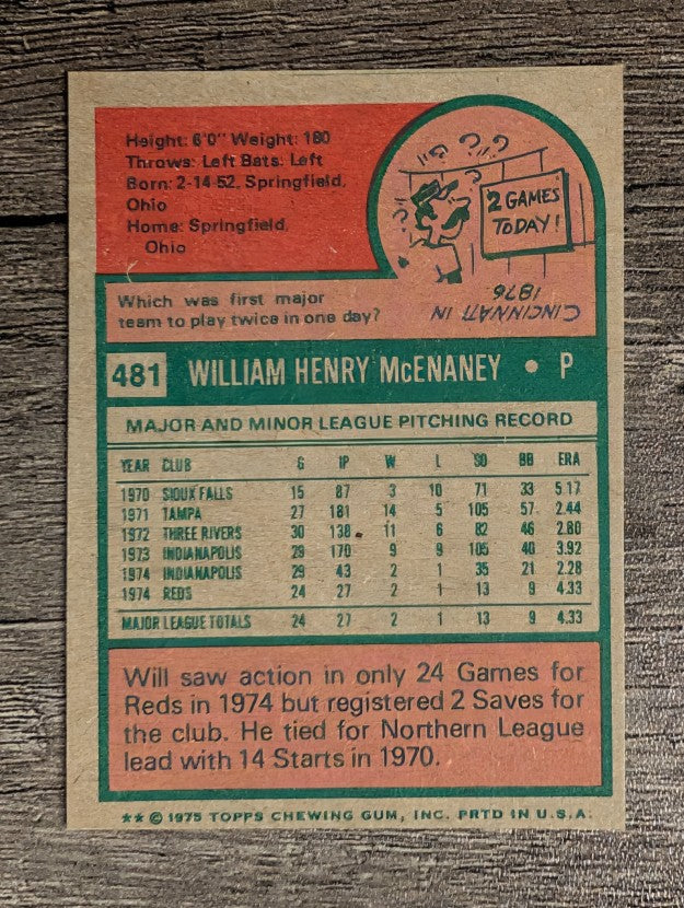 1975 Topps Mini #481 Will McEnaney RC (FACTORY SHORT)