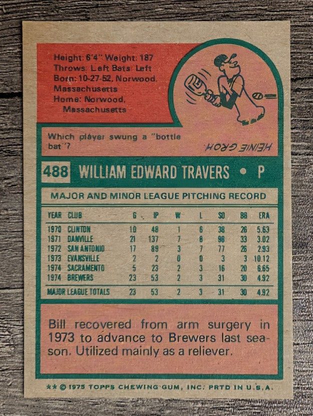 1975 Topps Mini #488 Bill Travers RC (NMMT)