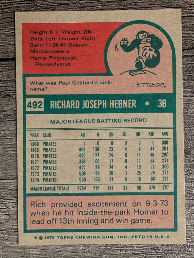 1975 Topps Mini #492 Rich Hebner (EXMT)