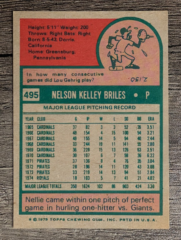 1975 Topps Mini #495 Nelson Briles (EX)