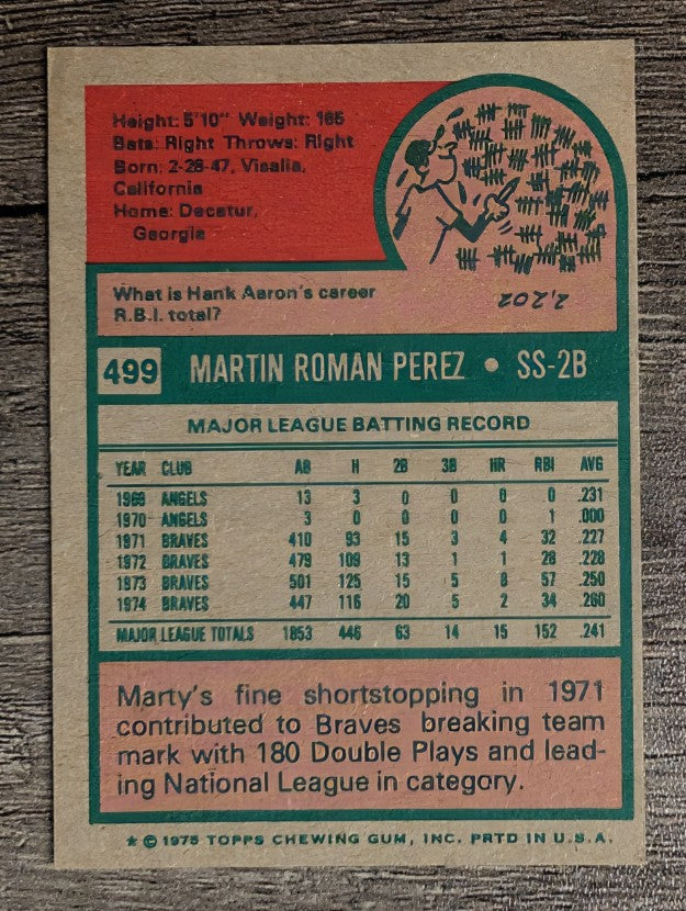 1975 Topps Mini #499 Marty Perez (VGEX)