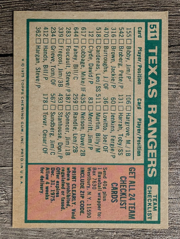 1975 Topps Mini #511 Texas Rangers CL/Billy Martin MG (EX)