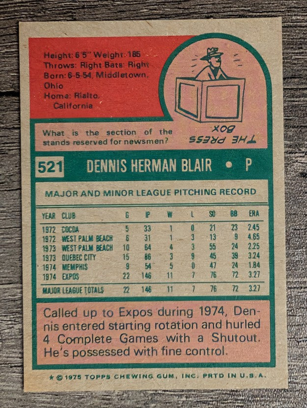 1975 Topps Mini #521 Dennis Blair RC (EXMT)