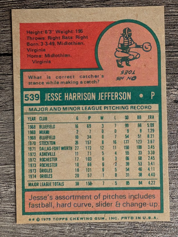 1975 Topps Mini #539 Jesse Jefferson (NM)