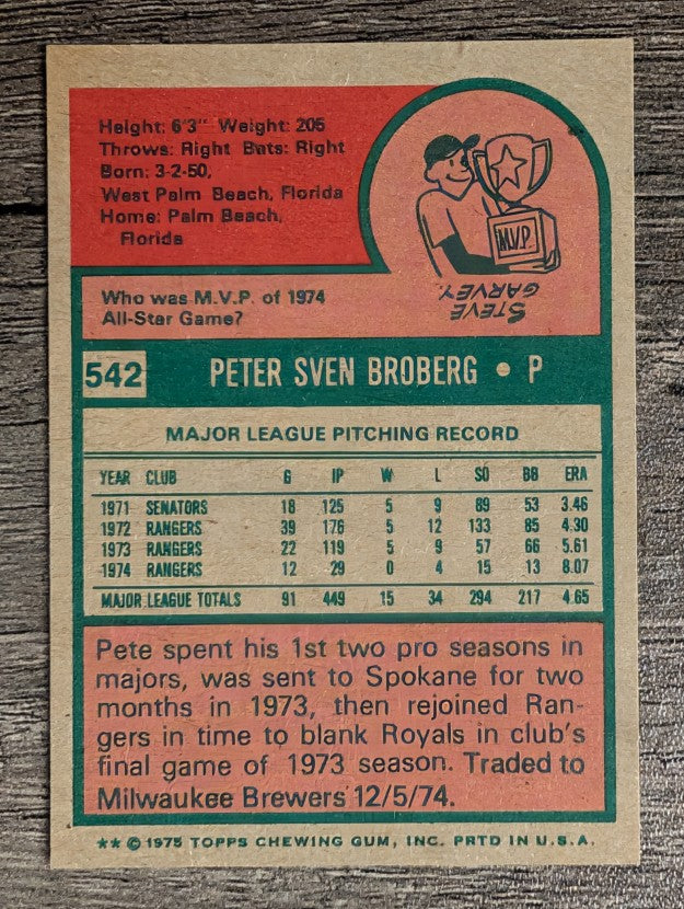 1975 Topps Mini #542 Pete Broberg (NM)