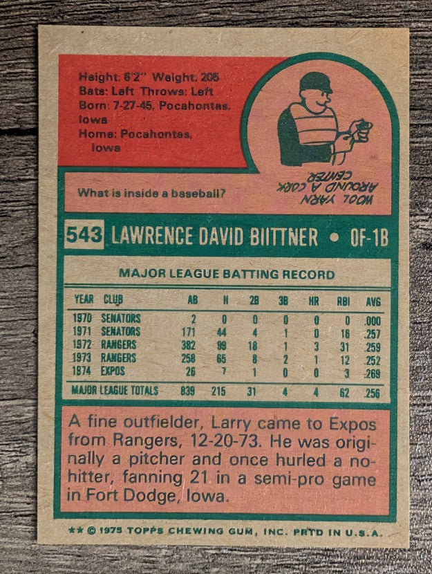 1975 Topps Mini #543 Larry Biittner (EXMT)