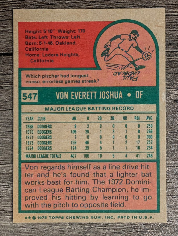 1975 Topps Mini #547 Von Joshua (NMMT)