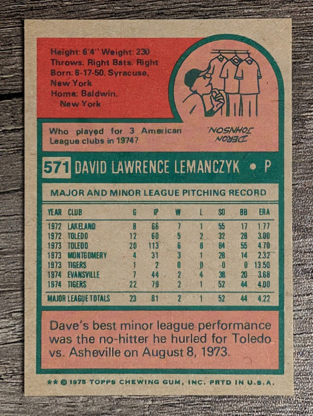 1975 Topps Mini #571 Dave Lemanczyk RC (NM)