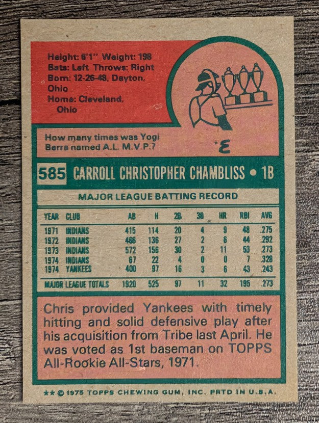 1975 Topps Mini #585 Chris Chambliss (MINT)
