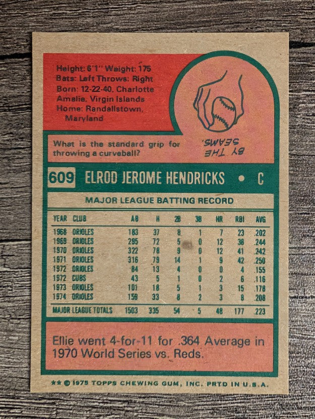 1975 Topps Mini #609 Elrod Hendricks (NMMT)