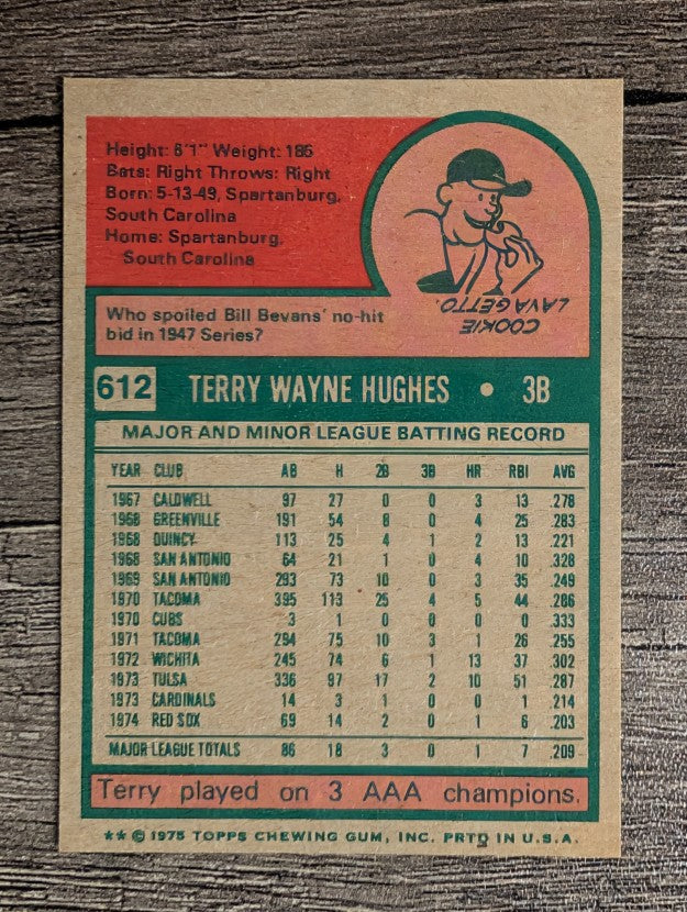 1975 Topps Mini #612 Terry Hughes (FACTORY SHORT)