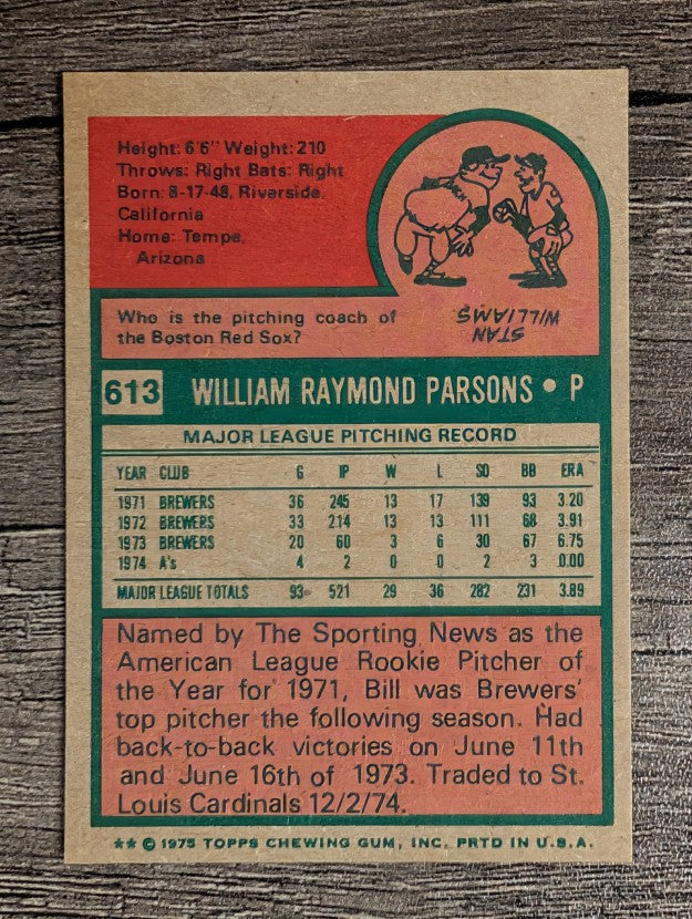 1975 Topps Mini #613 Bill Parsons (NMMT)