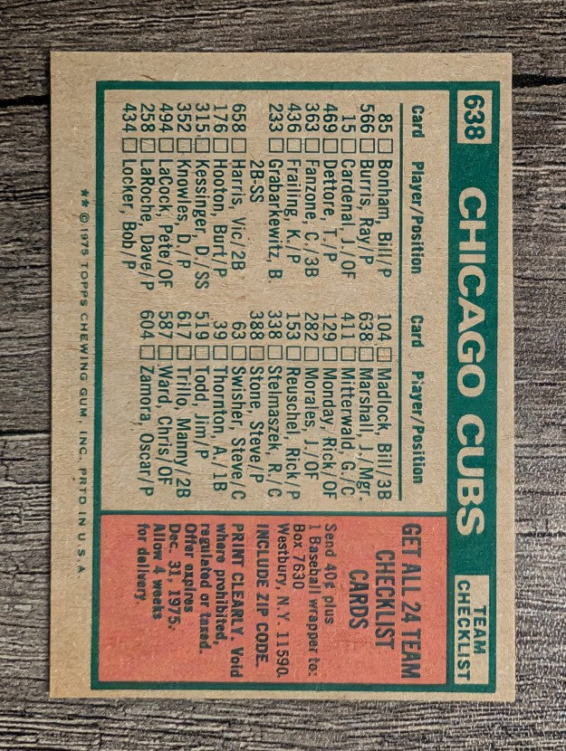 1975 Topps Mini #638 Chicago Cubs CL/Jim Marshall MG (EXMT)