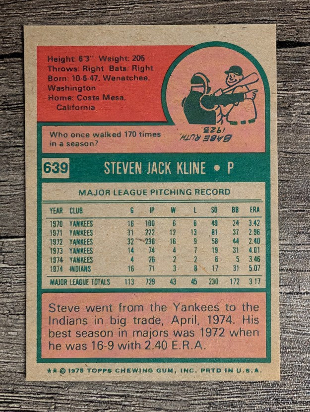 1975 Topps Mini #639 Steve Kline (NMMT)