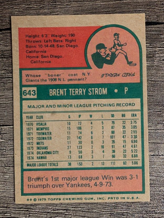 1975 Topps Mini #643 Brent Strom (NM)