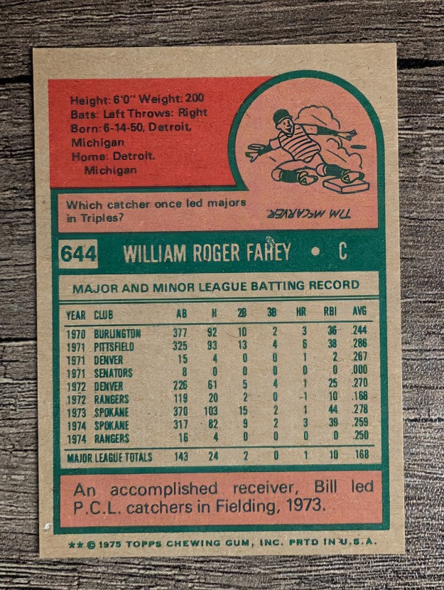 1975 Topps Mini #644 Bill Fahey (NM)