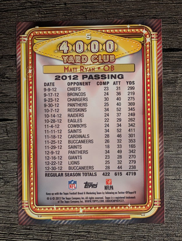 2013 Topps 4000 Yard Club #5 Matt Ryan