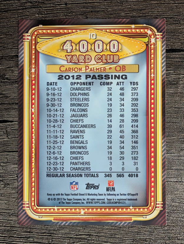 2013 Topps 4000 Yard Club #10 Carson Palmer