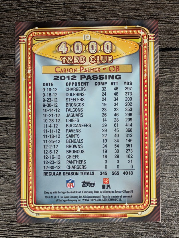 2013 Topps 4000 Yard Club #10 Carson Palmer