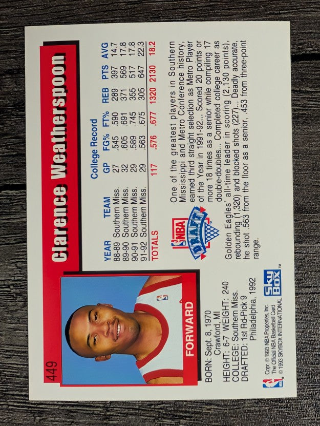 1992-93 Hoops #449 Clarence Weatherspoon RC