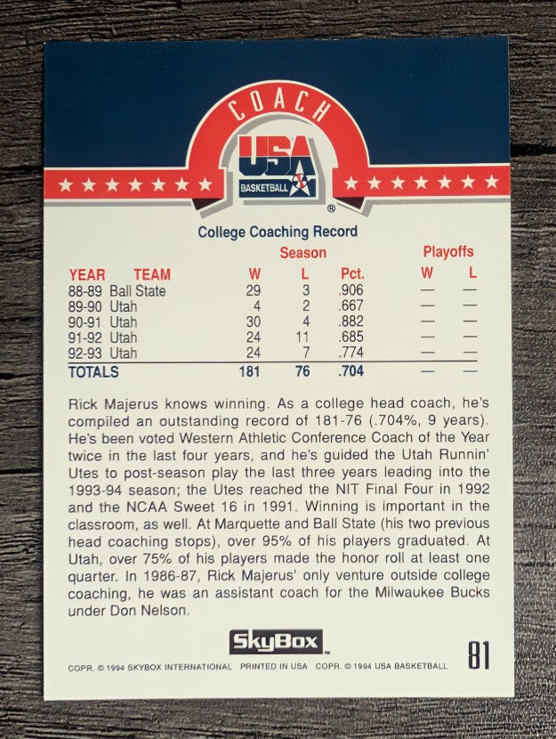 1994 SkyBox USA #81 Rick Majerus CO
