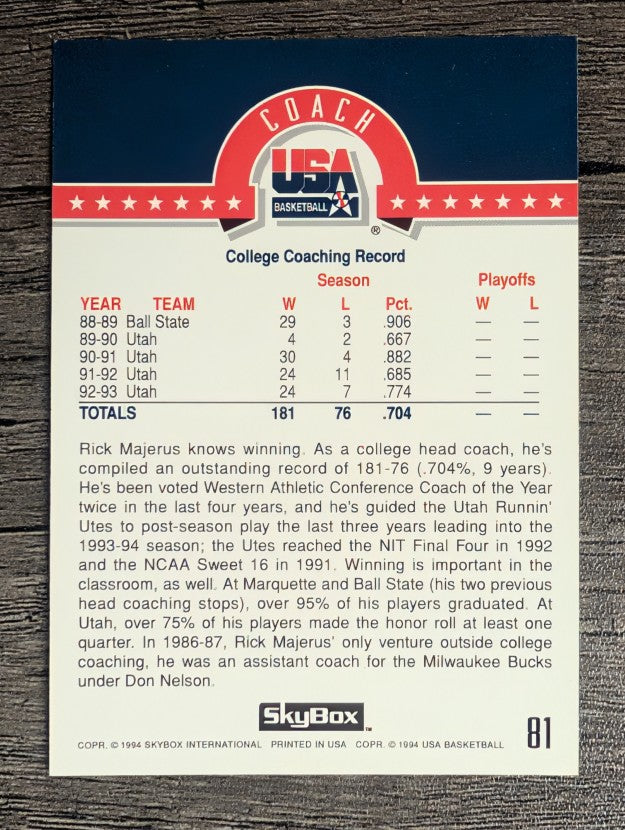 1994 SkyBox USA #81 Rick Majerus CO