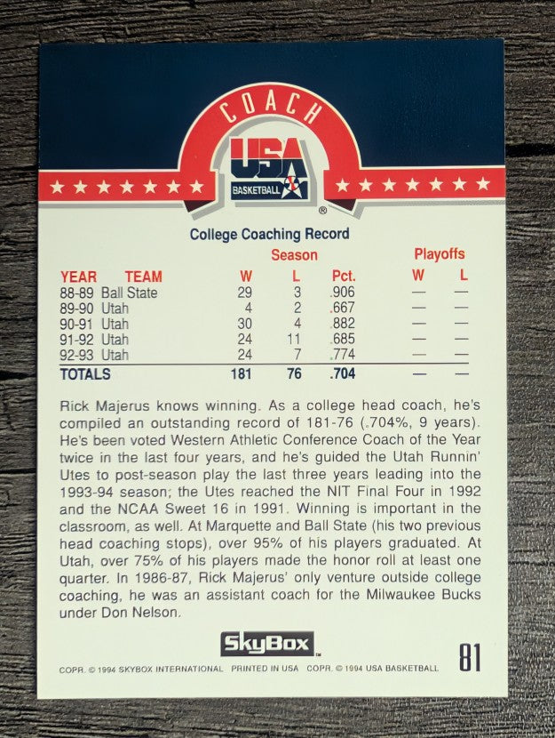 1994 SkyBox USA #81 Rick Majerus CO